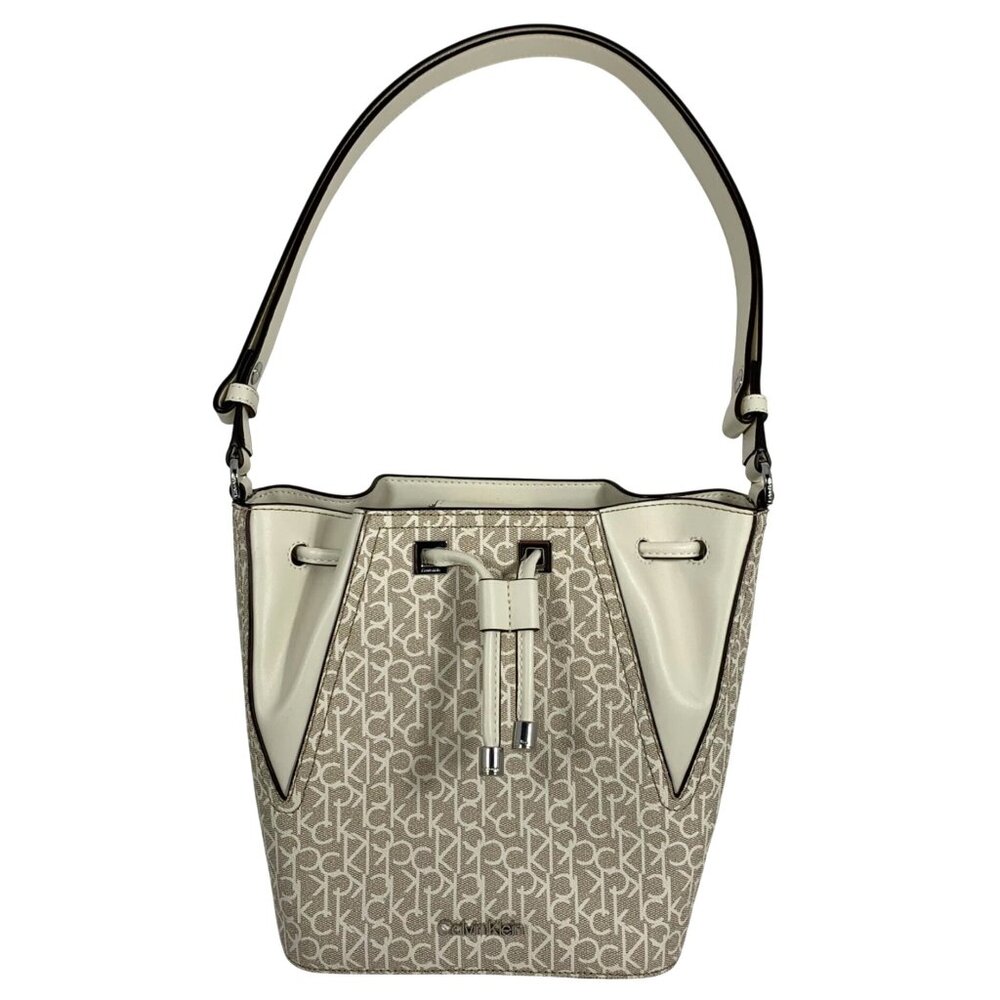 CALVIN KLEIN Taupe/Bone White CK Signature Logo Drawstring Bucket Shoulder Bag